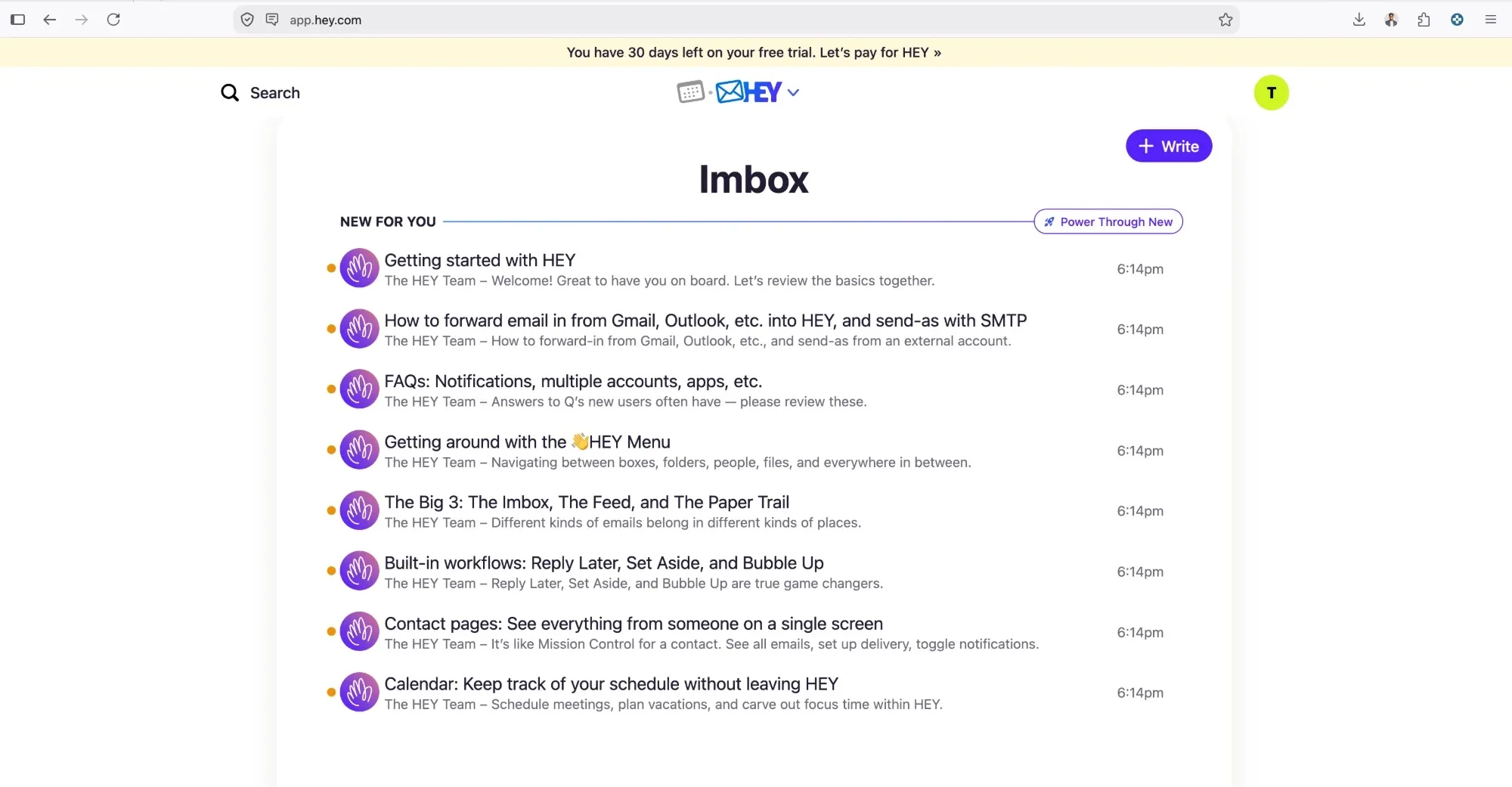 The Imbox on day one: eight emails from The HEY Team, from "Getting started with HEY" to "Calendar: Keep track of your schedule without leaving HEY"