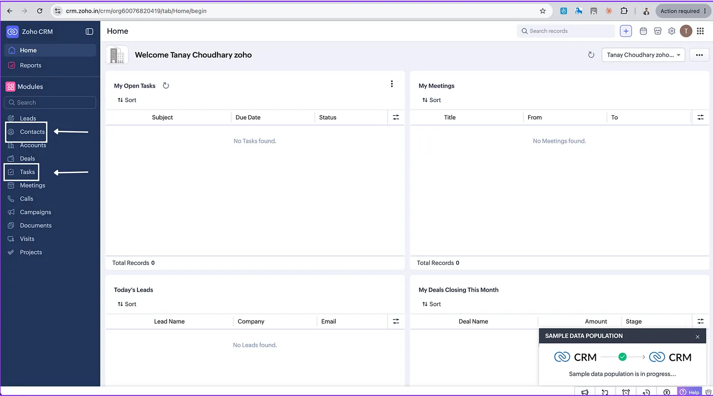 Zoho dropped me on a dashboard with 13 menu items and no hints: the Zoho CRM home screen with empty tasks, meetings, leads and deals panels