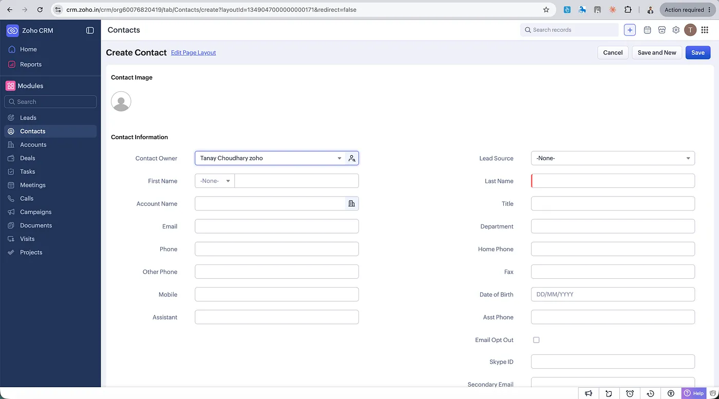 Zoho's first contact form had about 25 fields: the Create Contact page with owner, name, account, email, four phone fields, fax, date of birth and more