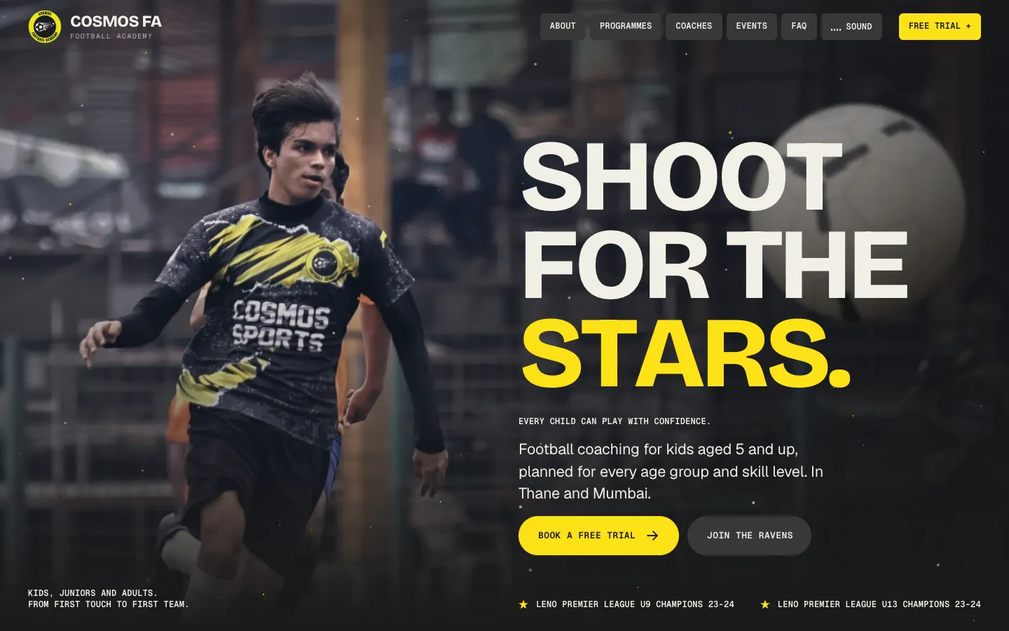 Cosmos FA home page: a young player running in the academy kit, the line Shoot for the stars and a Book a free trial button