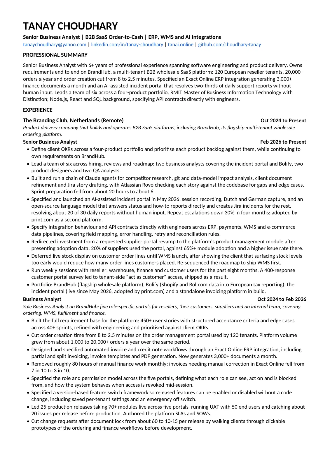 Preview of page one of Tanay Choudhary's CV