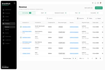 BrandHub revenue list, where every row is an invoice