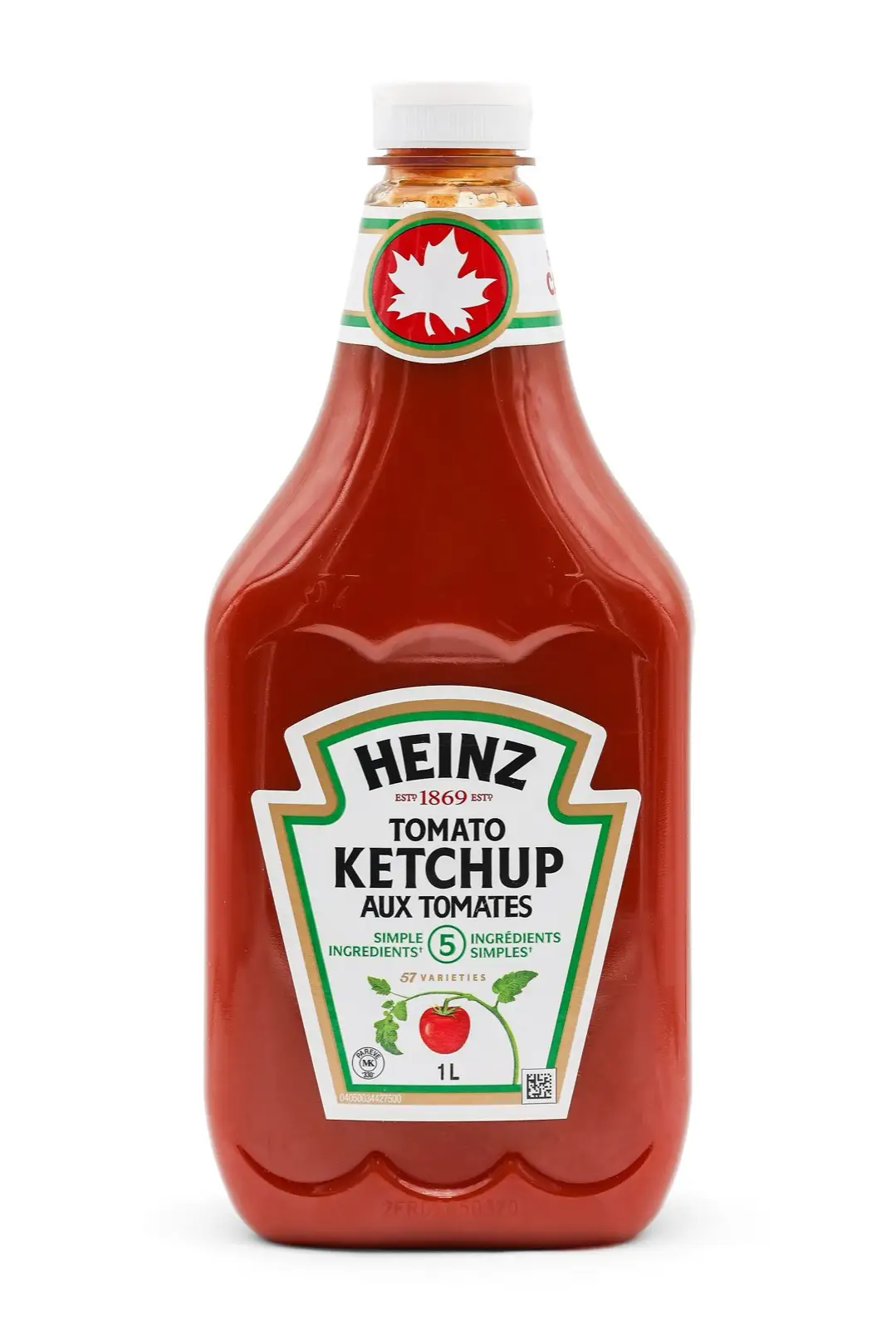A bottle of Heinz tomato ketchup, front view
