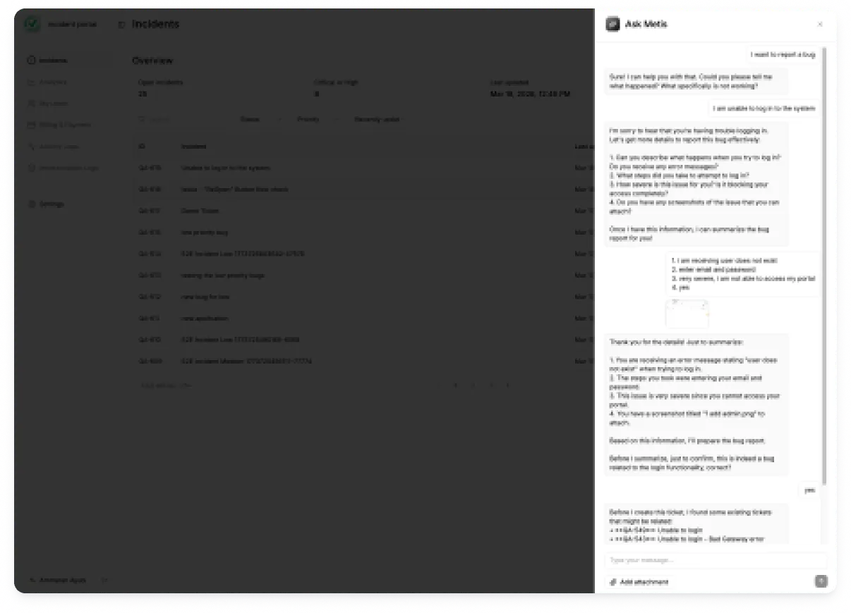 Ask Metis chat asking the reporter what happened, what they expected and for a screenshot