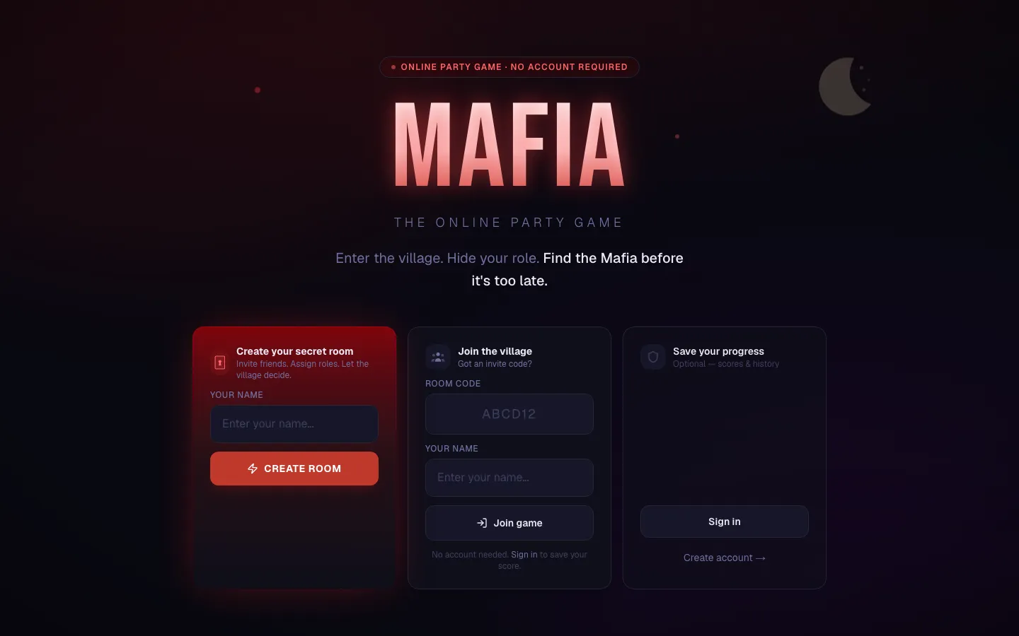 Mafia game lobby with a room code and the list of players