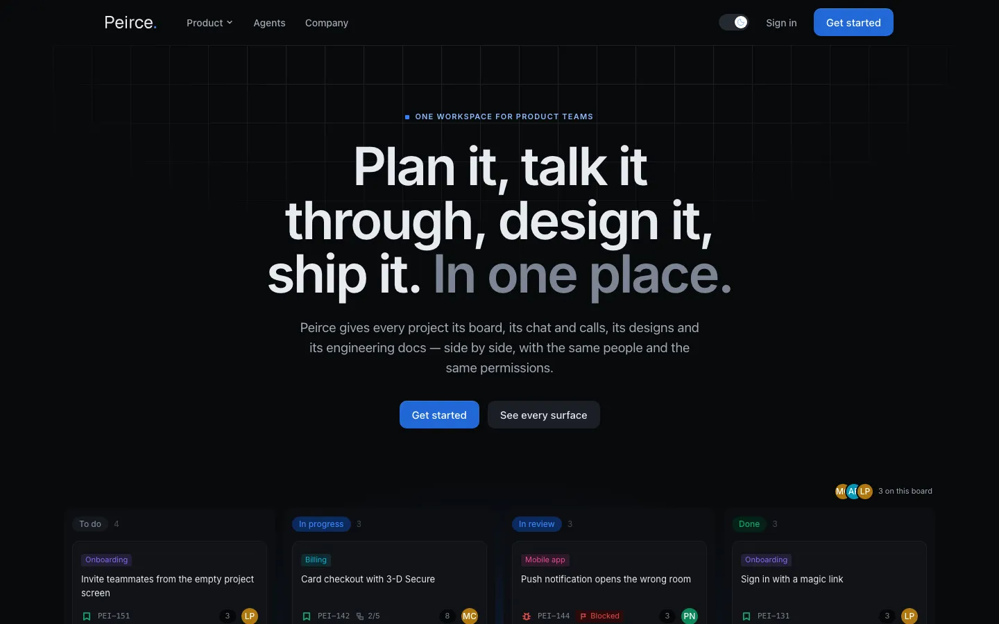 Peirce workspace showing a board next to chat and docs