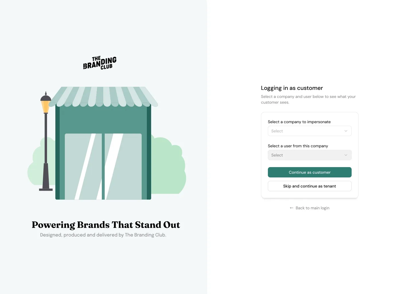 Logging in as customer: pick a company and a user, then continue as that customer