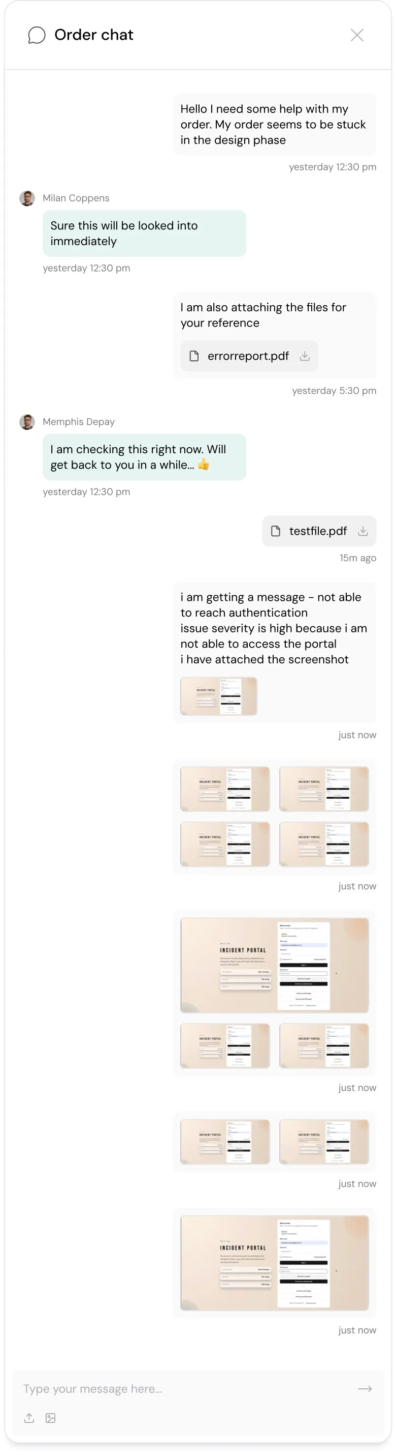 Order chat on a single order, with messages, an attached PDF and a screenshot