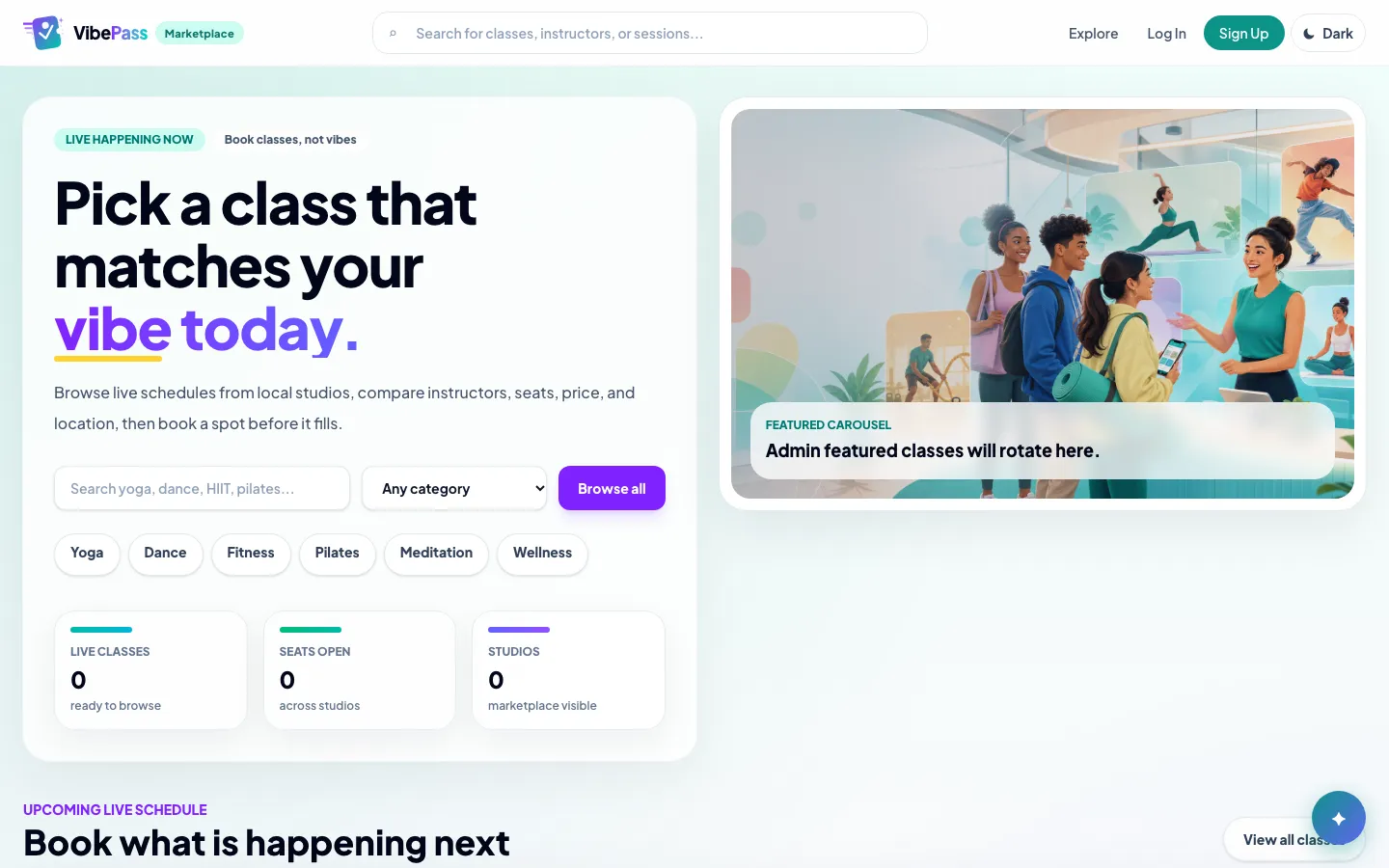 VibePass marketplace home: class search, category chips and live counts of classes, open seats and studios